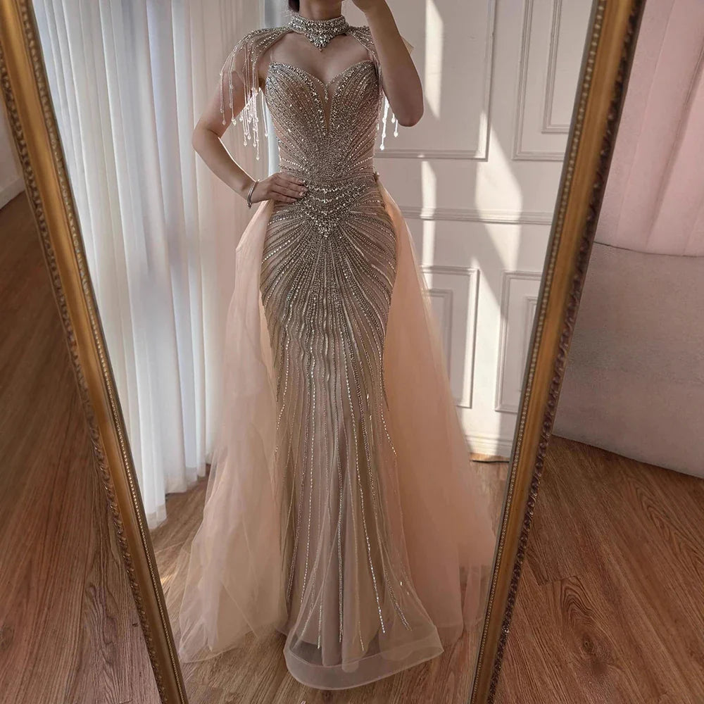 Luxury Nude Beaded Mermaid Detachable Cape Evening Dress With Overskirt CLA73182