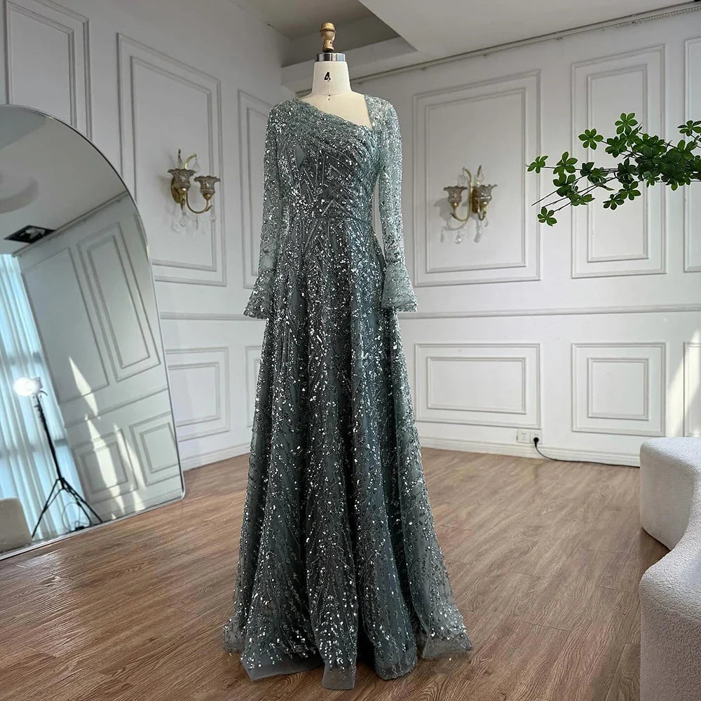 Arabic Turquoiise A-Line Flared Sleeves Simple Style Evening Dress CLA73177