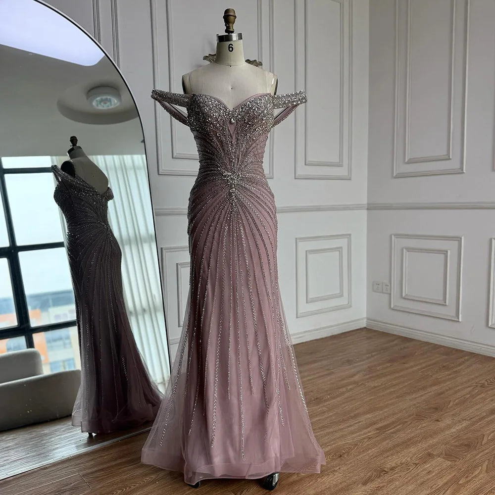 Arabic Luxury Beaded Off Shoulder Mermaid With Overskirt Evening Dress CLA73128