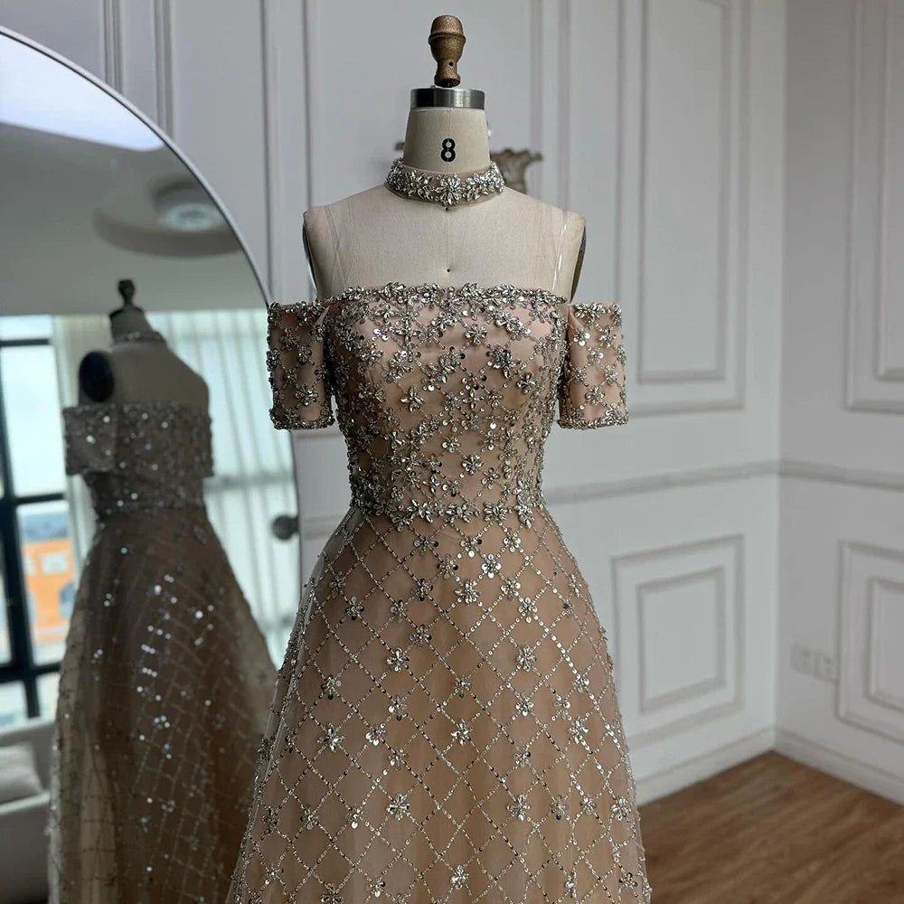 Luxury Nude Sliver Off Shoulder Beaded Crystal A-Line Evening Dress CLA73122