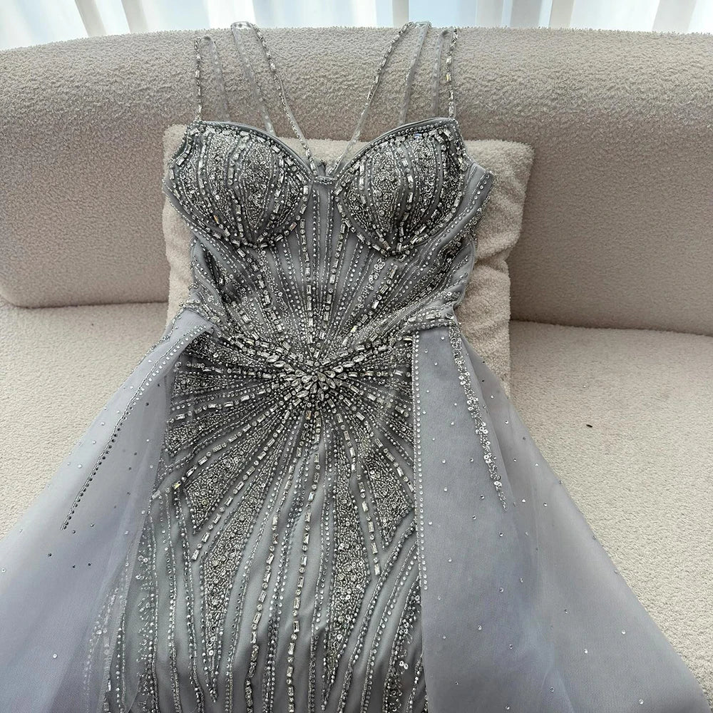 Luxury Nude Spaghetti Strap Mermaid Evening Dress with Overskirt Beaded CLA73090A