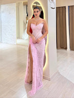 Luxury Pink Saudi Arabic Lace Embroidery Evening Dress CLA73373