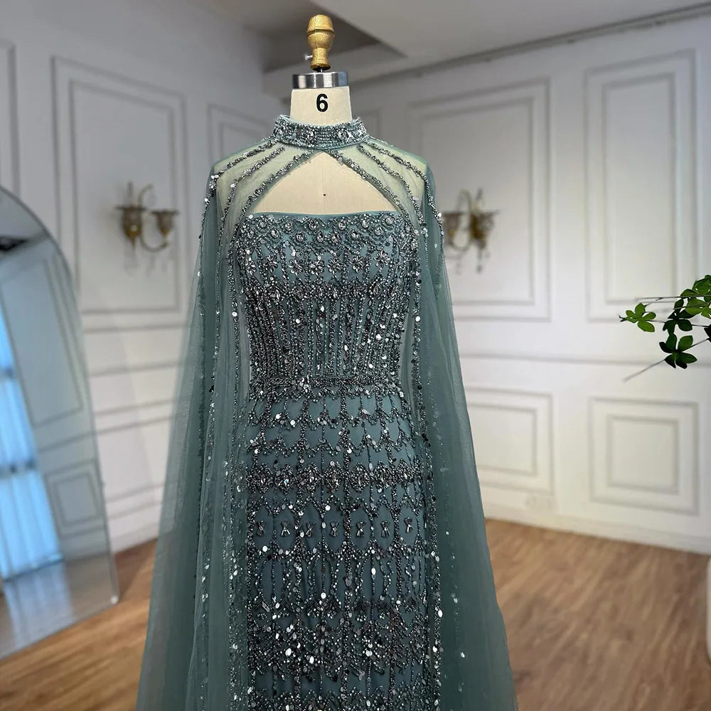 Arabic Luxury Beaded Strapless Mermaid Evening Dress With Cape Women Wedding Party Gown CLA72714B