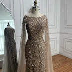 Luxury Caramel Beaded Mermaid Evening Dress With Cape Sleeves CLA73078