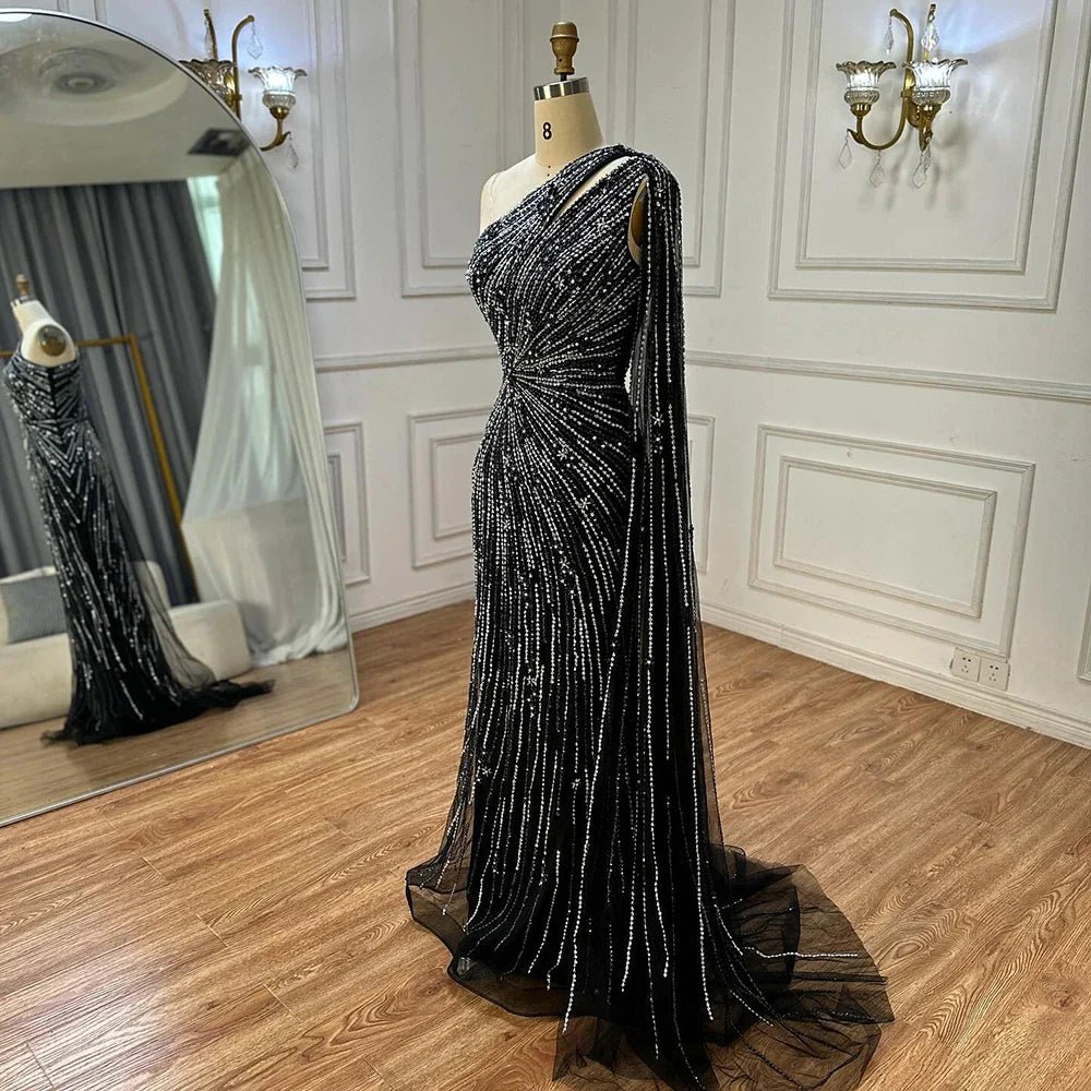 Luxury Black One Shoulder Mermaid Evening Dress with High Slit CLA72829