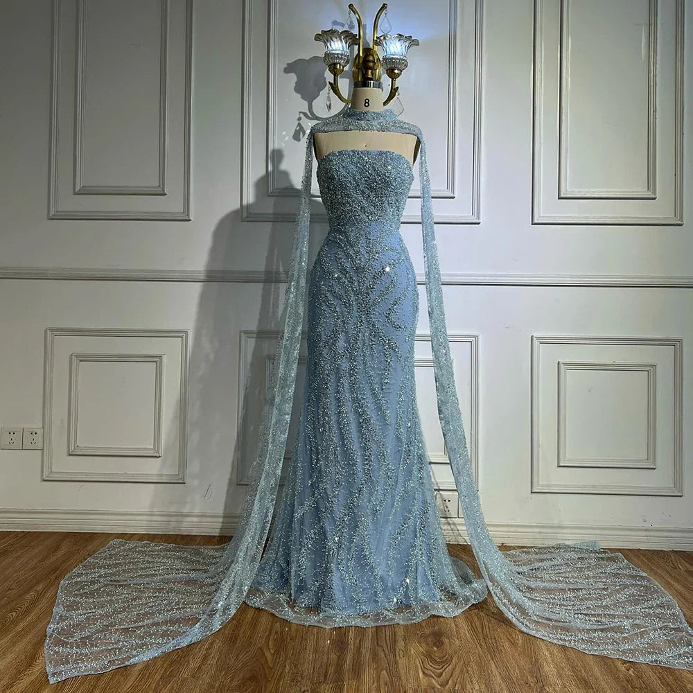 Luxury Nude Beaded Evening Dress with Cape Sleeves CLA72824