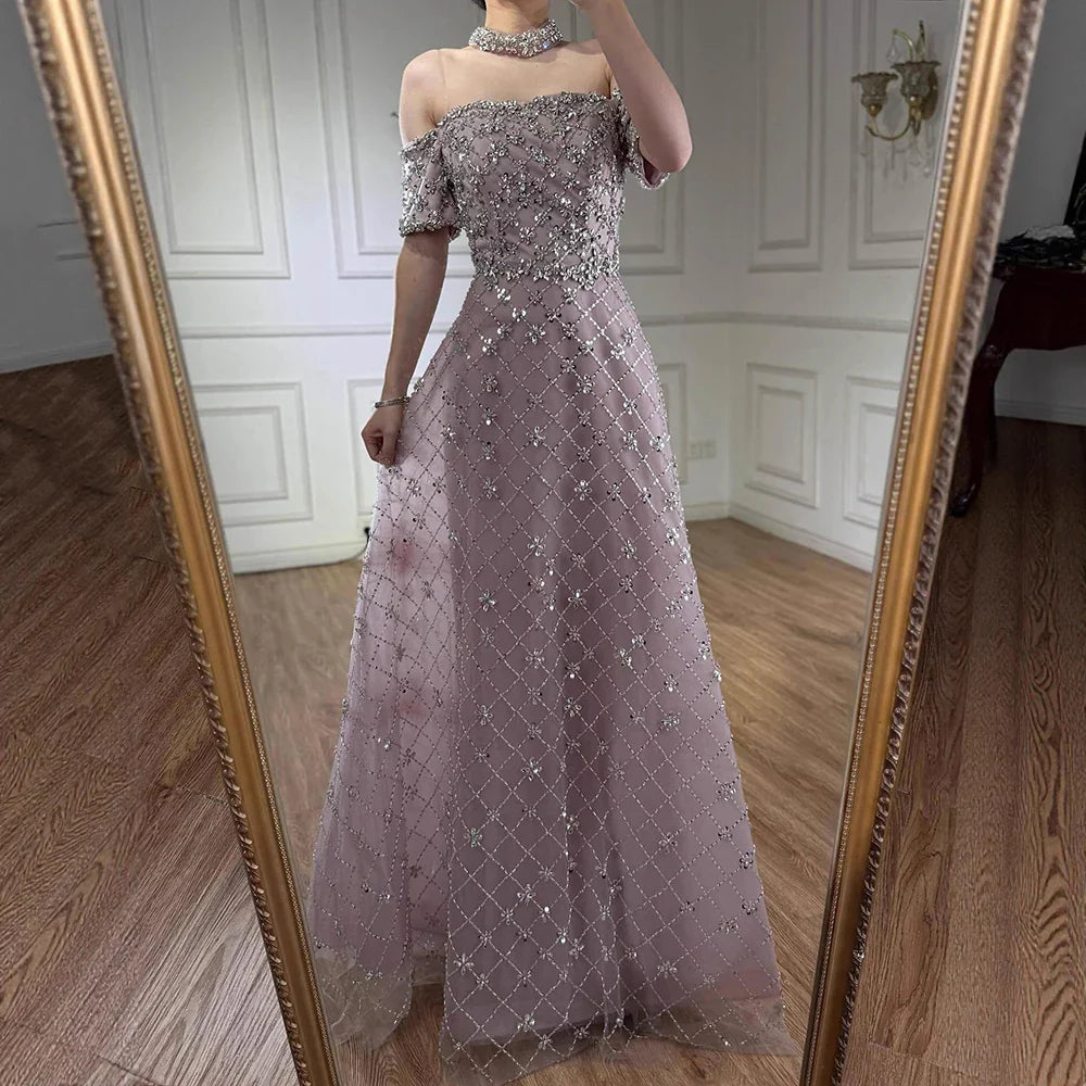 Luxury Nude Sliver Off Shoulder Beaded Crystal A-Line Evening Dress CLA73122