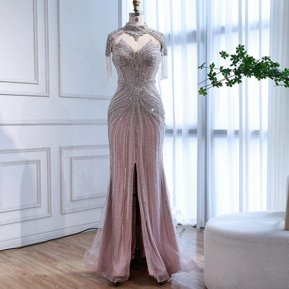 Arabic Luxury Beaded Mermaid Evening Dress With Detachable Tassels Cape CLA72891A