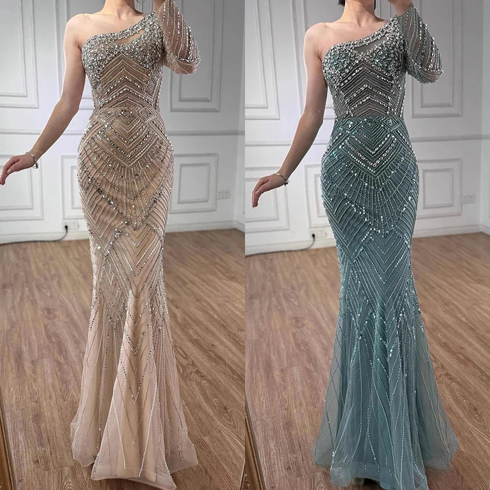 Luxury Nude One Shoulder Long Sleeve Beaded Evening Dress CLA73180