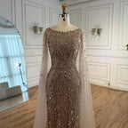 Luxury Caramel Beaded Mermaid Evening Dress With Cape Sleeves CLA73078
