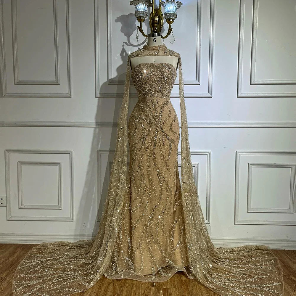 Luxury Nude Beaded Evening Dress with Cape Sleeves CLA72824