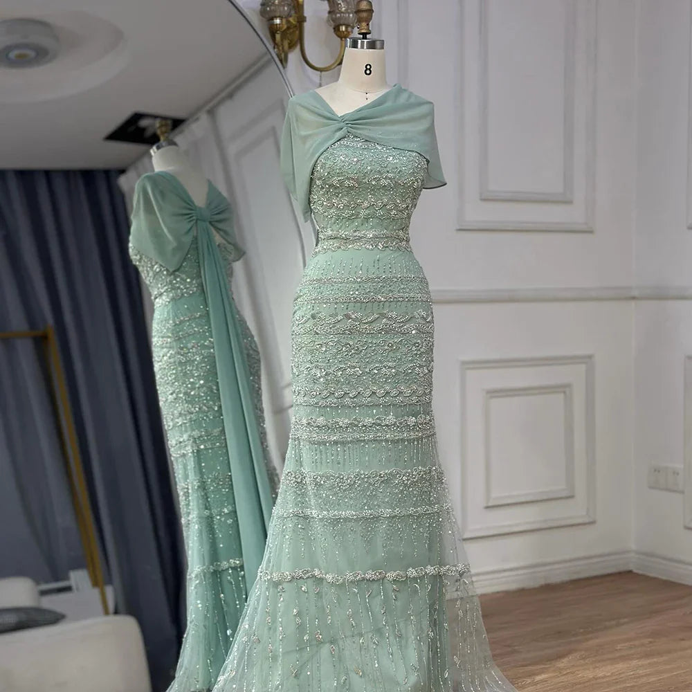 Arabic Sage Green Simple Beaded Mermaid Evening Dress With Chiffon Cape CLA72126B