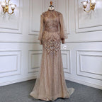 Silver Mermaid Luxury Beaded Evening Dress Modest Full Sleeves LA71036