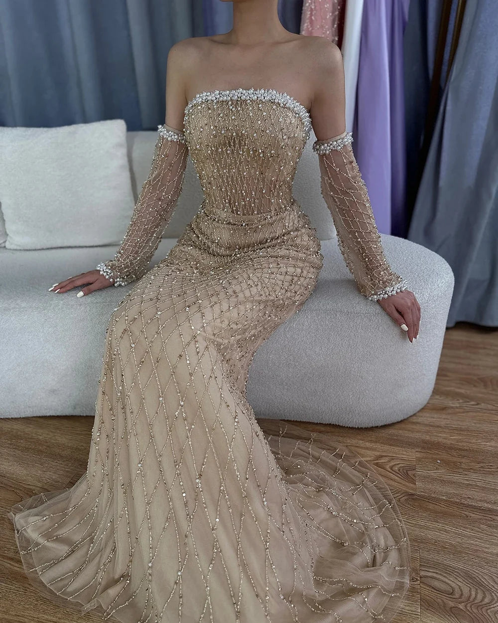 Arabic Elegant Nude Pearls Beaded Mermaid Strapless Evening Dress With Gloves CLA72649