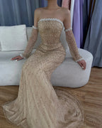 Arabic Elegant Nude Pearls Beaded Mermaid Strapless Evening Dress With Gloves CLA72649