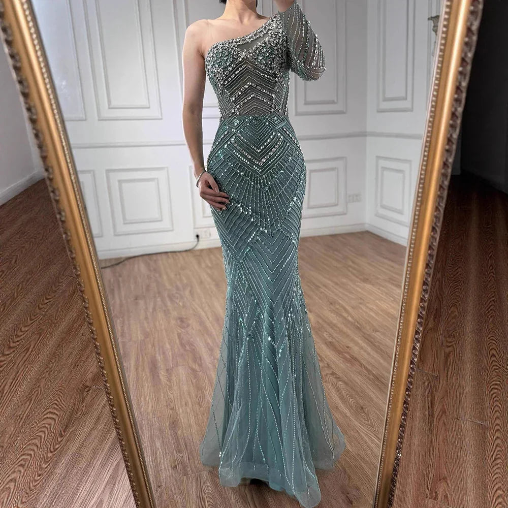 Luxury Nude One Shoulder Long Sleeve Beaded Evening Dress CLA73180