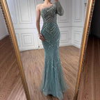 Luxury Nude One Shoulder Long Sleeve Beaded Evening Dress CLA73180
