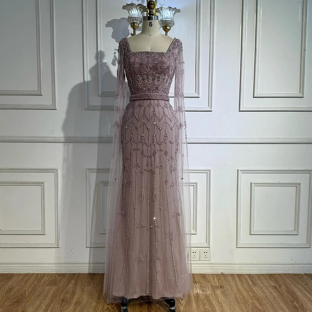 Luxury Arabic Caramel Beaded Evening Dress With Cape Sleeves CLA72966A