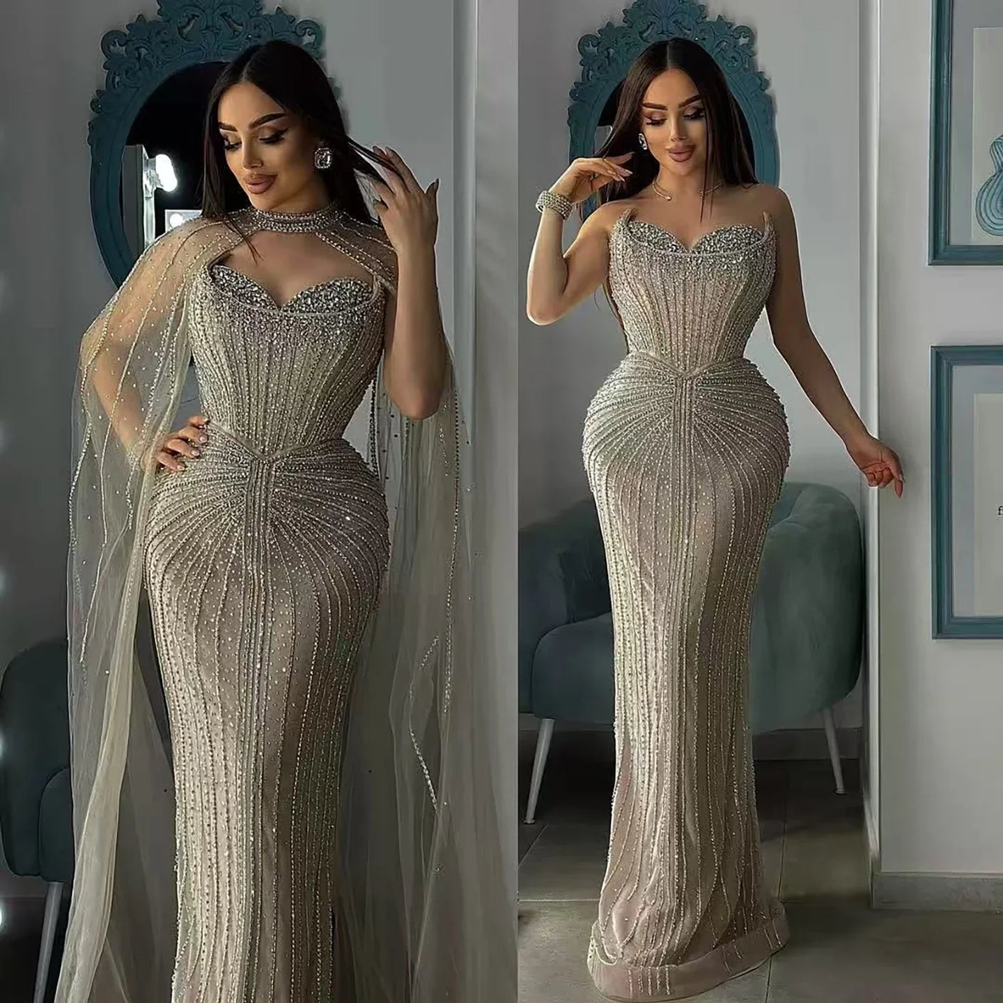 Luxury Dubai Caramel Beaded Evening Dress With Cape CLA72811C