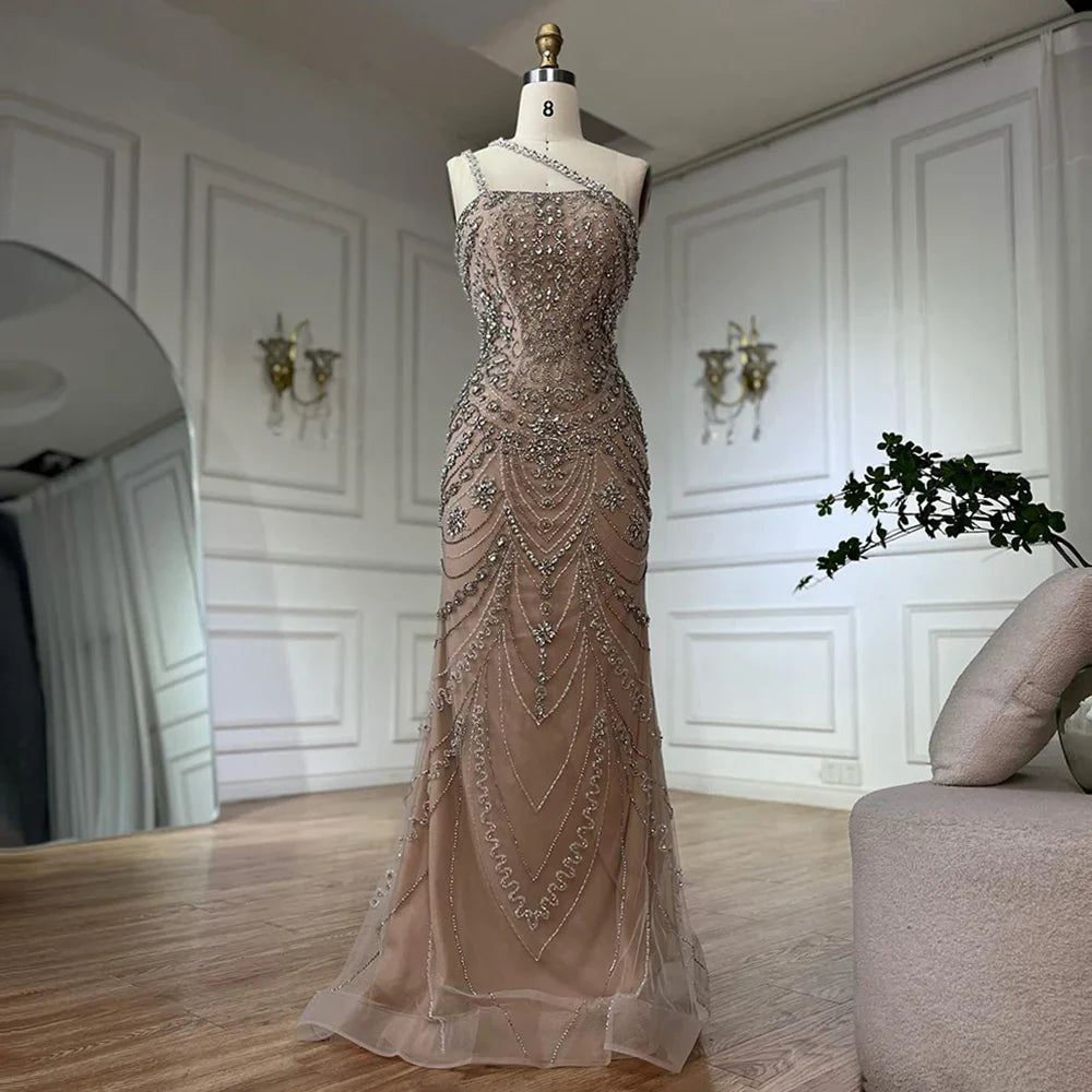 Luxury Dubai Elegant Nude One Shoulder Beaded Evening Dresses Gowns for Formal Occasion CLA72791