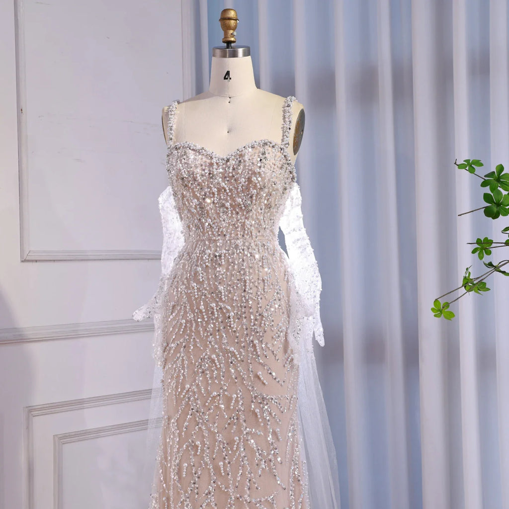 Luxury Lace Pearls Mermaid Evening Dress With Glove White Nude CLA72345E