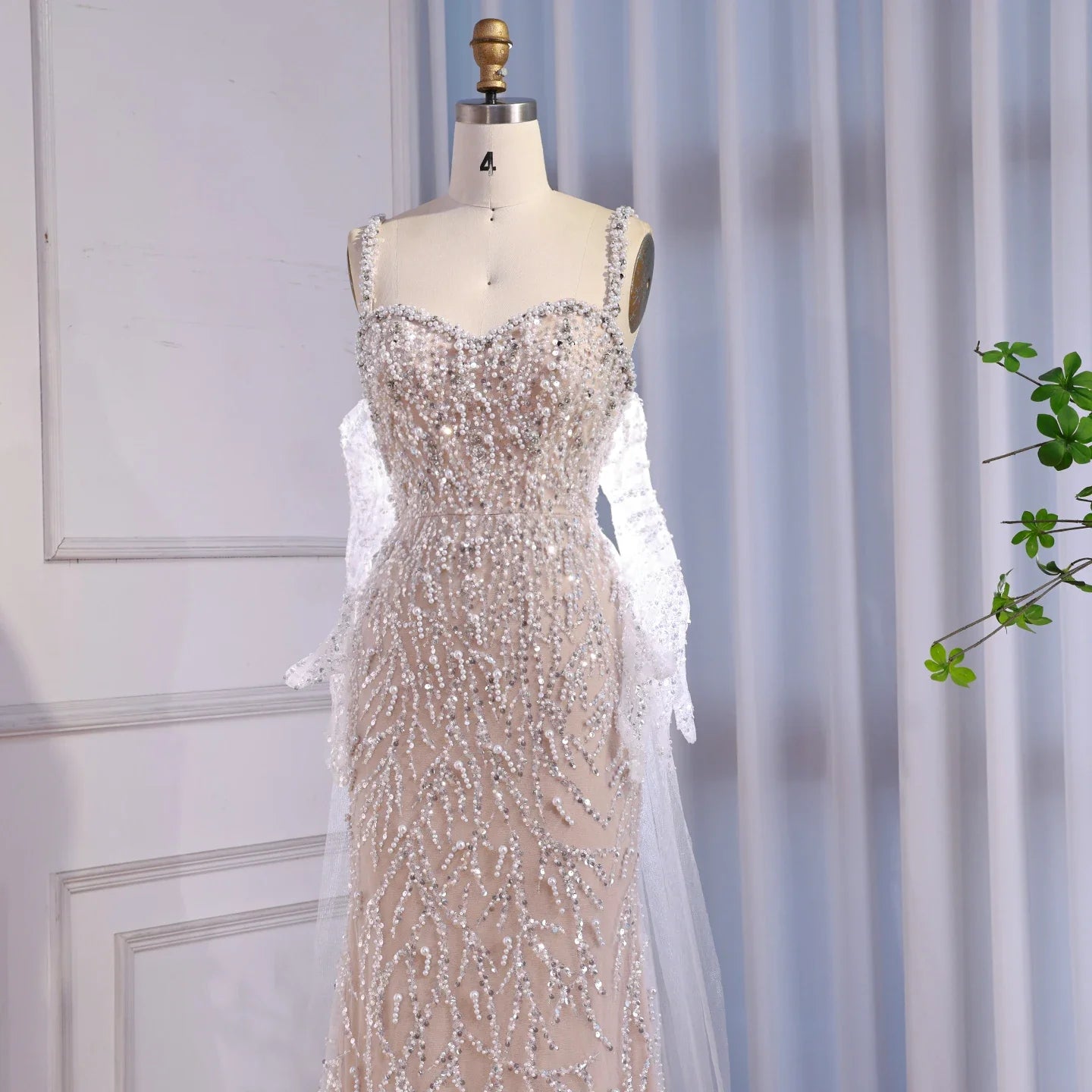 Luxury Lace Pearls Mermaid Evening Dress With Glove White Nude CLA72345E