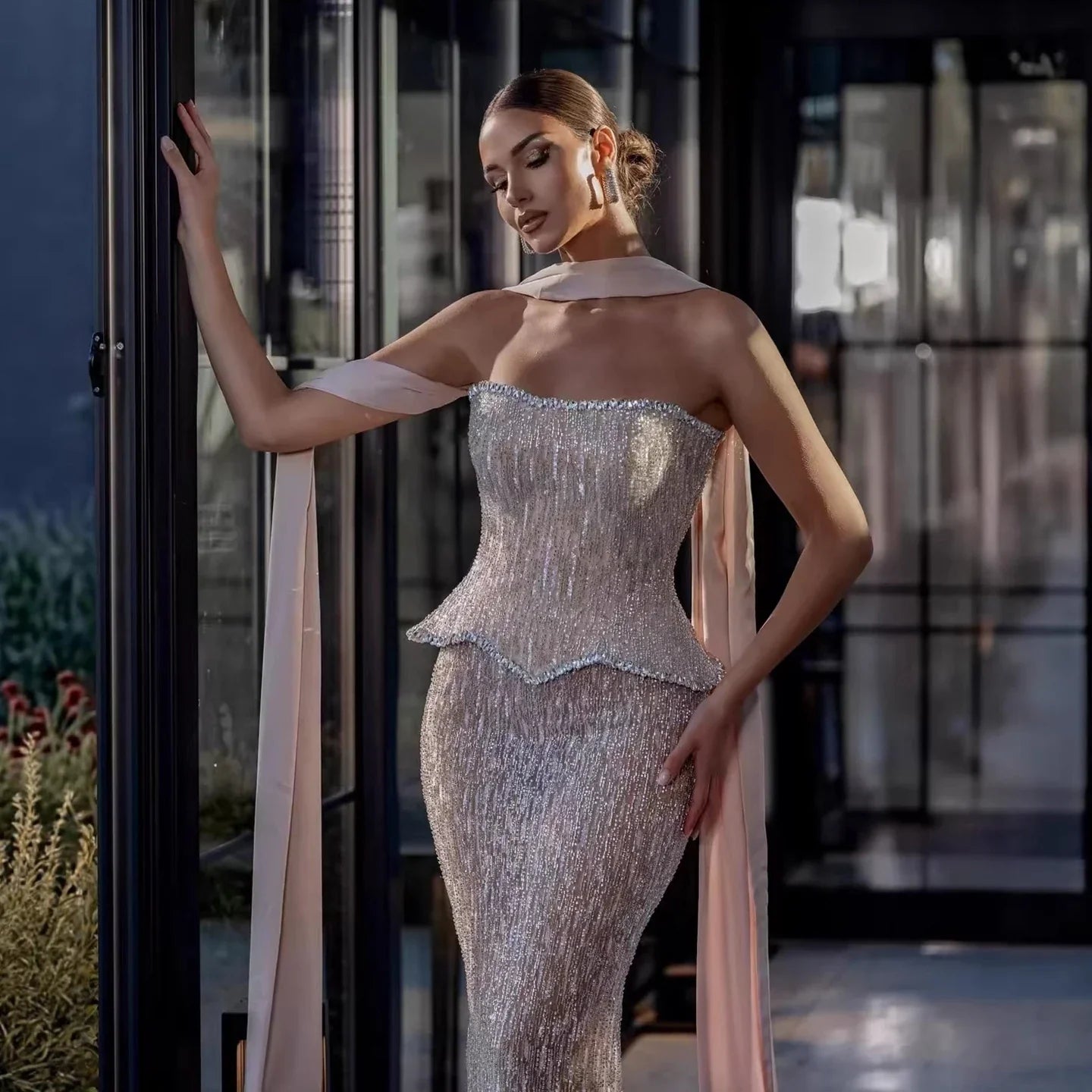 Luxury Nude Beaded Mermaid Evening Dress Strapless With Shawl CLA73076A