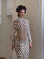Luxury Silver Nude Beaded Corset Mermaid Evening Dress CLA73335