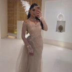 Luxury Light Pink Mermaid Lace Beaded Evening Dress CLA72910