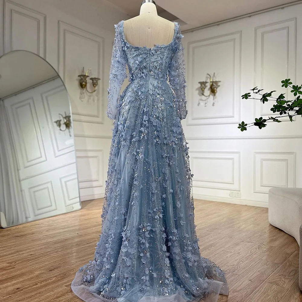 Arabic Simple Style Floral Square Neck Long Sleeves A-Line Evening Dress Women Wedding Party Gown CLA72657