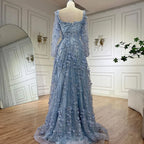 Arabic Simple Style Floral Square Neck Long Sleeves A-Line Evening Dress Women Wedding Party Gown CLA72657