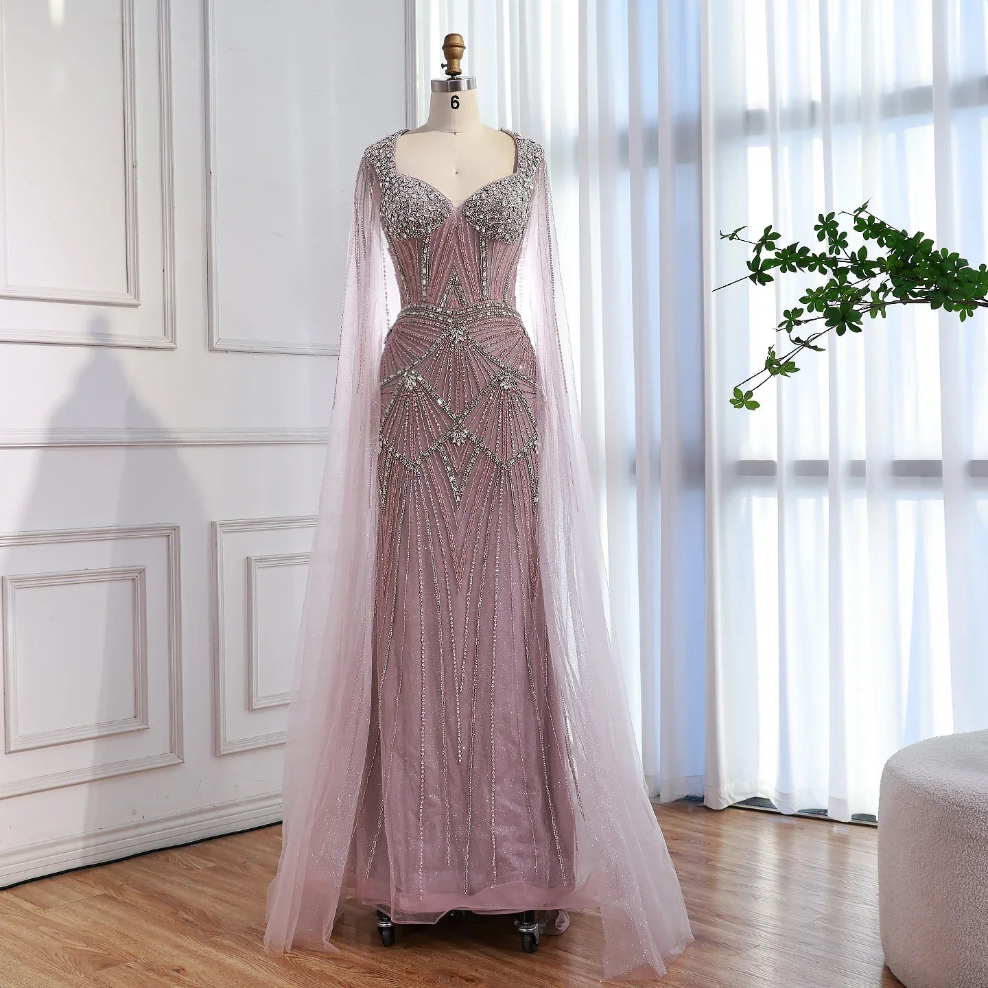 Luxury Dubai Pink Beaded Evening Dress With Cape CLA73329