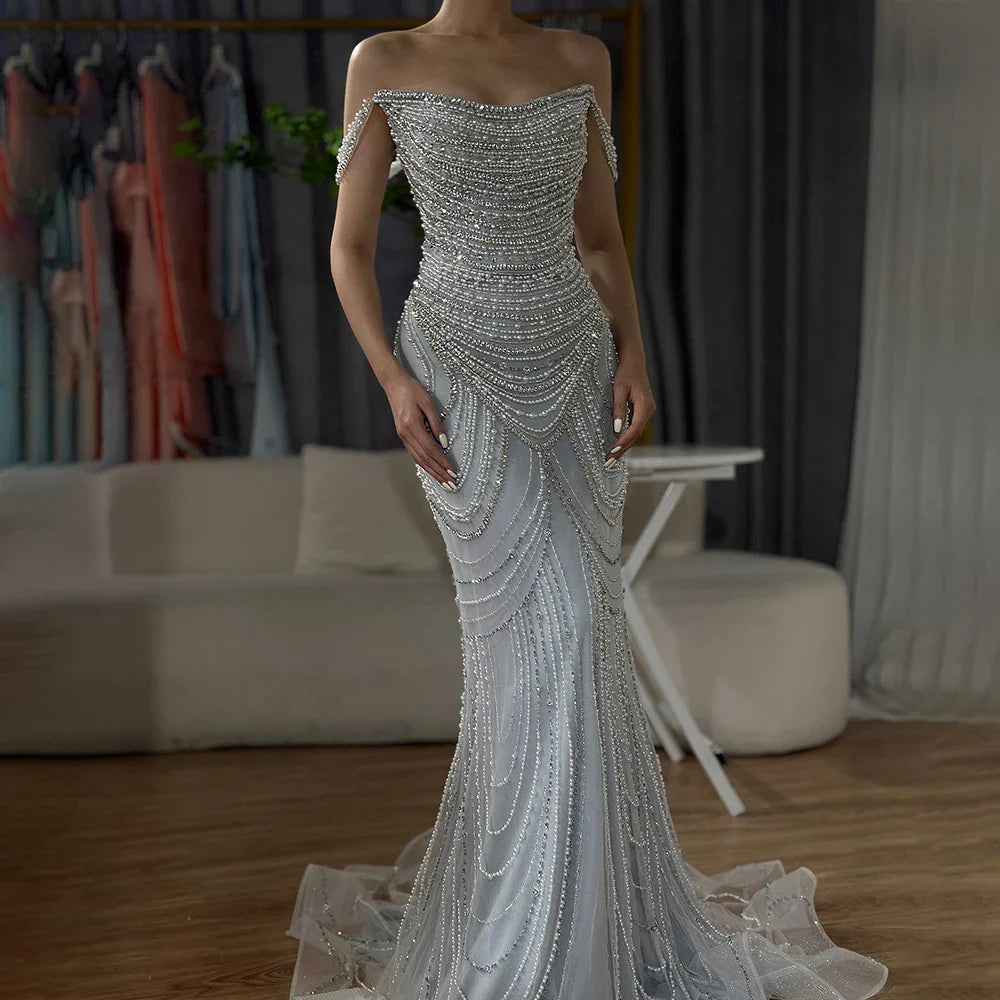 Kosovo Luxury Pearls Beaded Mermaid Off Shoulder Elegant Evening Dress CLA72253
