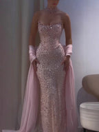 Lebanon Luxury Pink Diamond Evening Dress With Shawl For Women Wedding Party CLA73225