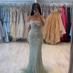 Luxury Sage Green Pearls Beaded Mermaid Evening Dress Off Shoulder CLA73148