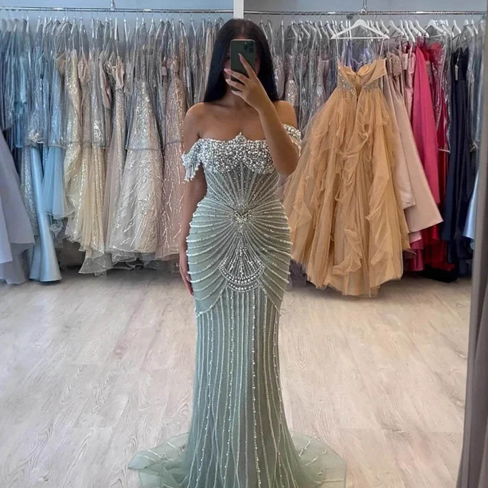 Luxury Sage Green Pearls Beaded Mermaid Evening Dress Off Shoulder CLA73148