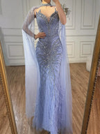 Luxury Beaded Feathers Evening Dress Mermaid With Cape Gown For Formal Occasion CLA72882