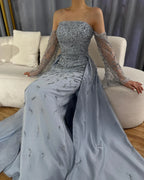 Dubai Luxury Blue Beaded Pearls Evening Gown with Overskirt CLA72705