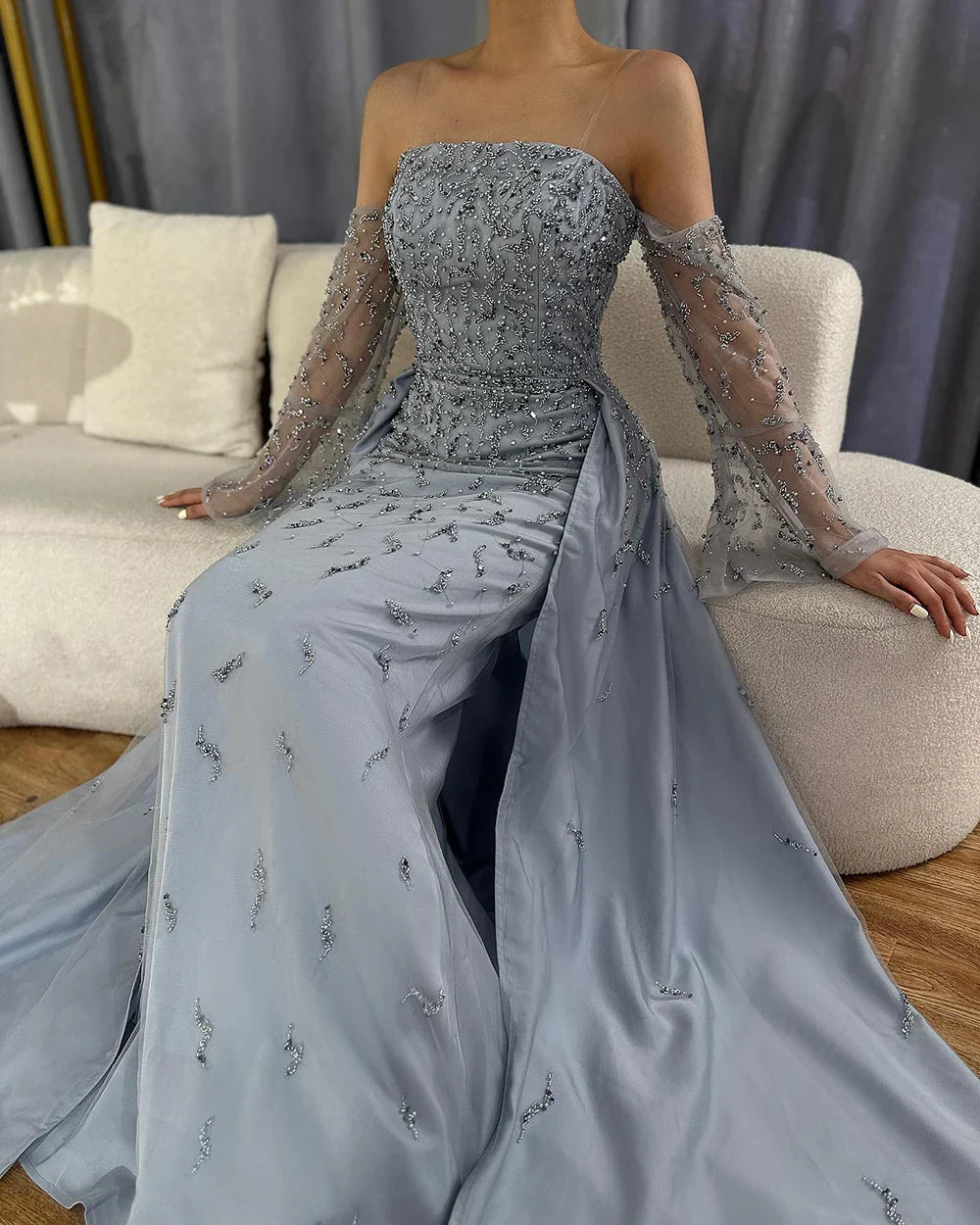 Dubai Luxury Blue Beaded Pearls Evening Gown with Overskirt CLA72705