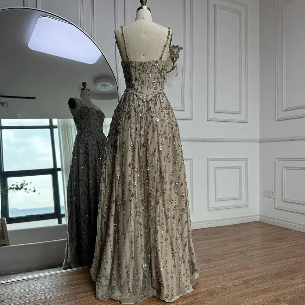 Luxury Sage Green Beaded A-Line Spaghetti Straps Evening Dress CLA72805