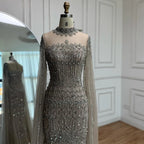 Arabic Luxury Beaded Mermaid Evening Dress Modest High Neck Cape Sleeves CLA72714A