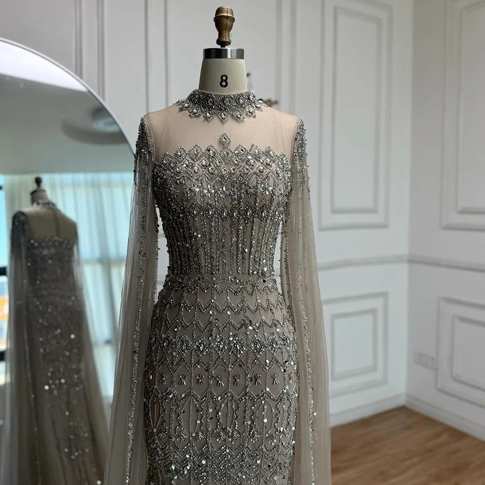 Arabic Luxury Beaded Mermaid Evening Dress Modest High Neck Cape Sleeves CLA72714A