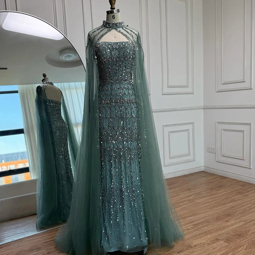 Arabic Luxury Beaded Strapless Mermaid Evening Dress With Cape Women Wedding Party Gown CLA72714B