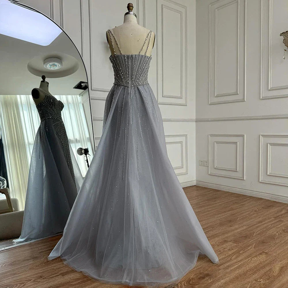 Luxury Nude Spaghetti Strap Mermaid Evening Dress with Overskirt Beaded CLA73090A