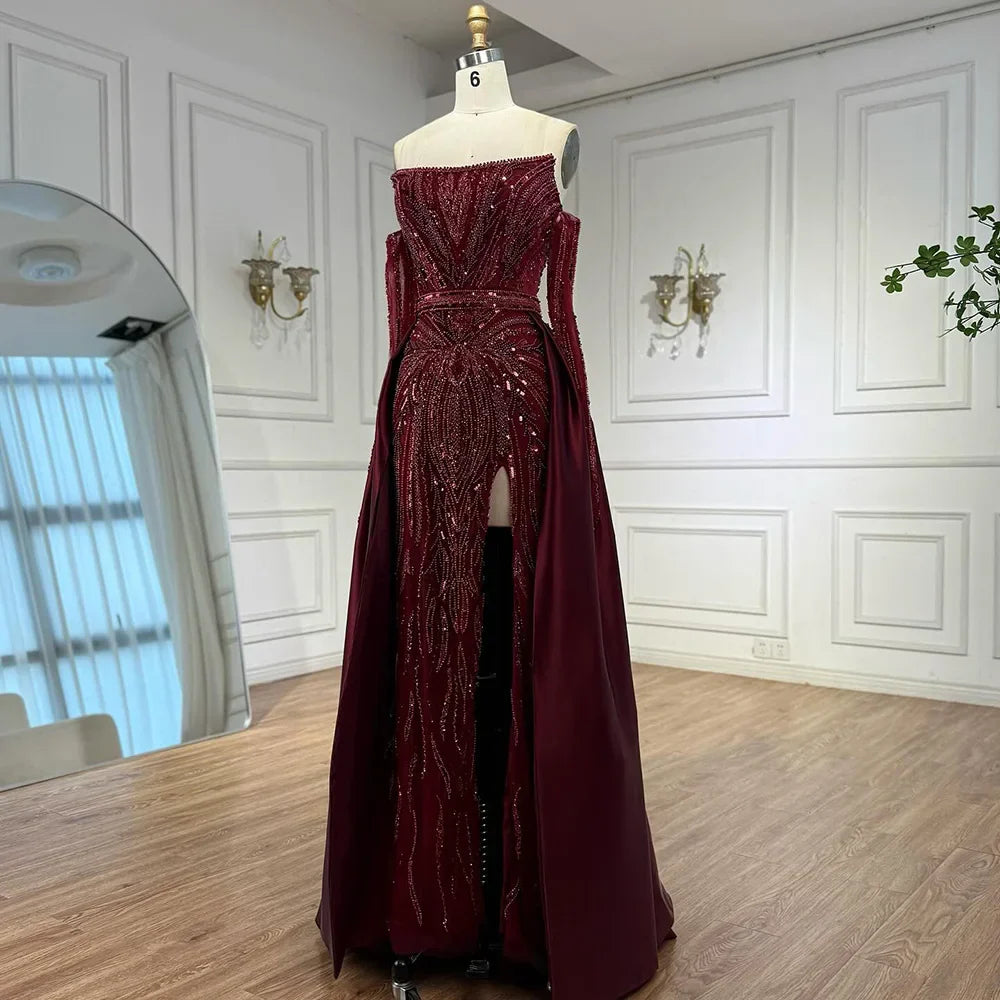 Luxury Burgundy Beaded Overskirt Evening Dress Gown With Gloves CLA72935