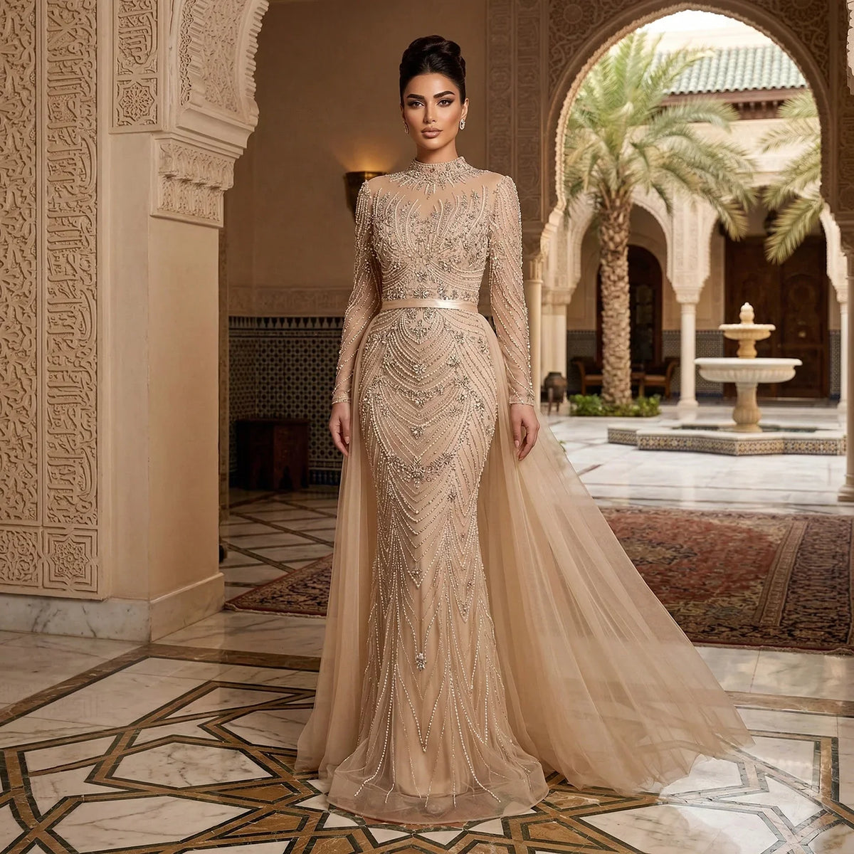 Luxury Nude Beaded Long Sleeves Modest Muslim Mermaid Evening Dress CLA73158