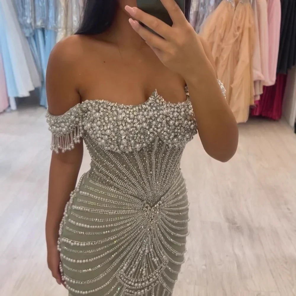Luxury Sage Green Pearls Beaded Mermaid Evening Dress Off Shoulder CLA73148