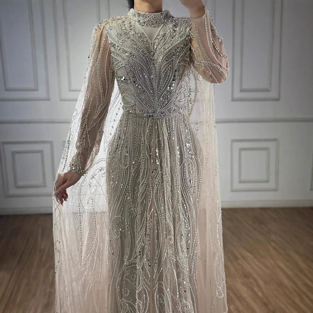 Luxury Sliver Nude Hijab Modest Muslim Beaded Mermaid Evening Dress CLA73215