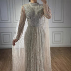 Luxury Sliver Nude Hijab Modest Muslim Beaded Mermaid Evening Dress CLA73215