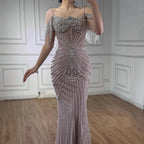 Luxury Sage Green Pearls Beaded Mermaid Evening Dress Off Shoulder CLA73148